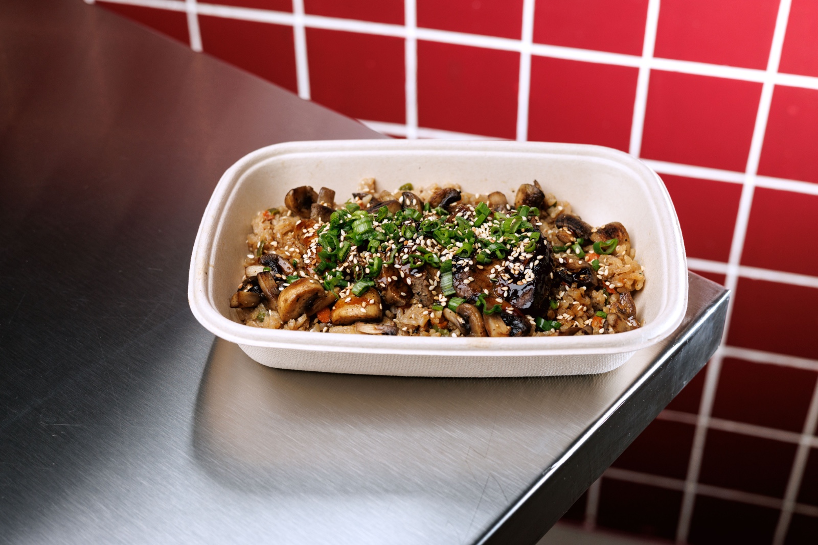 Body Builder Beef Donburi — vegetables egg fried rice, grilled beef slices, mushrooms, teriyaki sauce