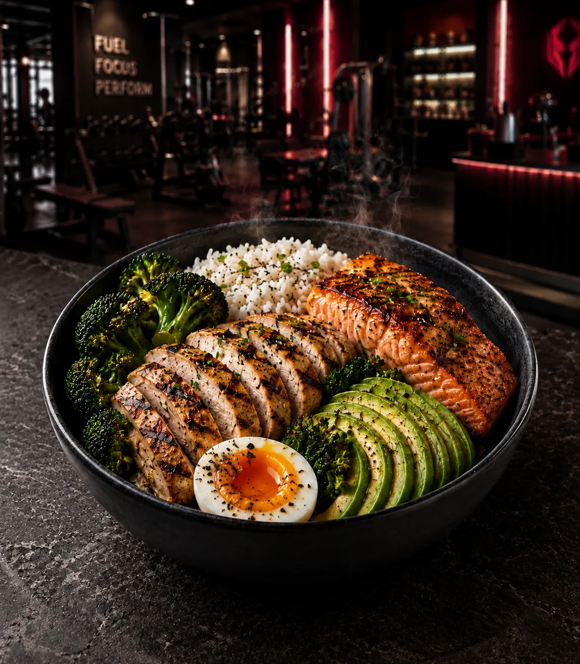 A freshly prepared high-protein signature bowl from Barbell Kitchen