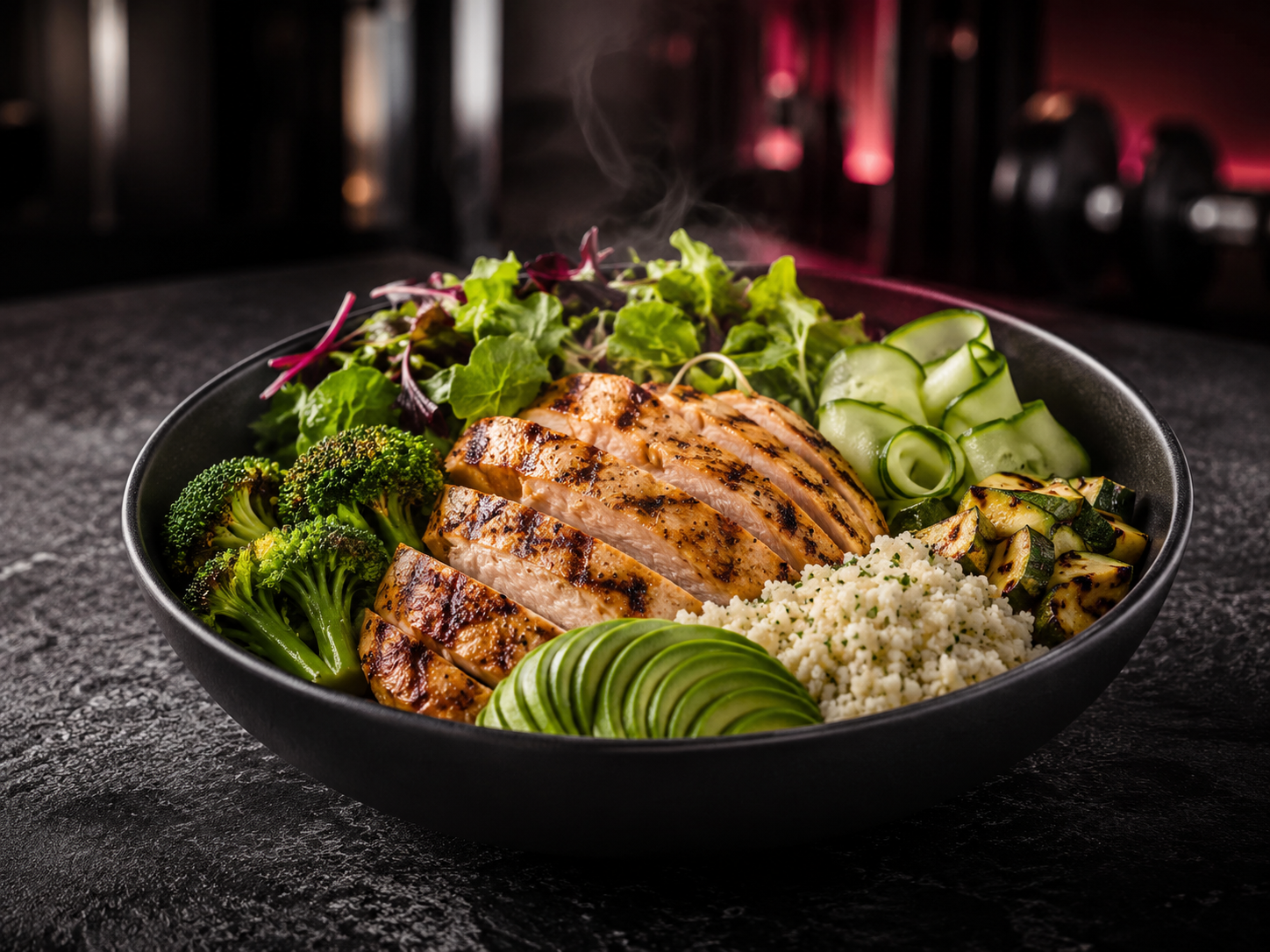 Low-Carb Garden Bowl — Grilled chicken, cauliflower rice, avocado, mixed greens